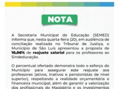 Prefeitura de São Luís apresenta reajuste de 10,6% para professores