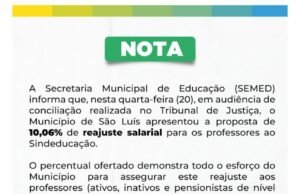 Prefeitura de São Luís apresenta reajuste de 10,6% para professores