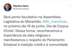 Othelino anuncia ponto facultativo na Assembleia Legislativa no Dia de Corpus Christi
