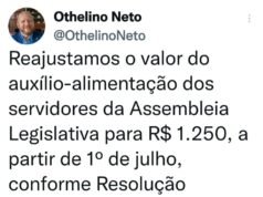 Othelino anuncia reajuste no valor do auxílio-alimentação para os servidores da Assembleia