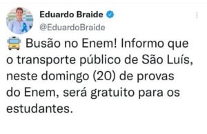 Braide também libera transporte público para estudantes que irão participar do Enem