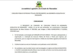 Assembleia formaliza contratação da banca FGV e marca divulgação do edital para 15 de fevereiro