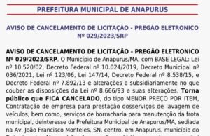 Prefeitura de Anapurus cancela licitação de quase meio milhão para lavagem de veículos e borracharia