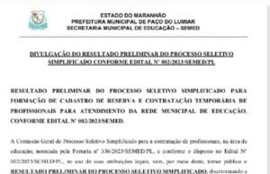 Prefeitura de Paço divulga resultado premilinar de processo seletivo
