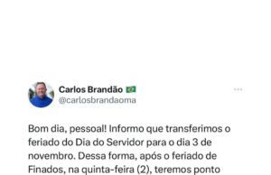 Brandão decreta ponto facultativo e feriadão de 4 dias está garantido
