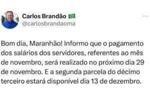 Brandão anuncia pagamento de salário e 13º