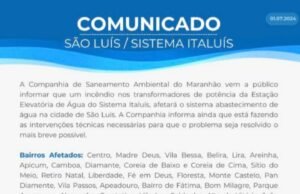 Bairros de São Luís irão ficar sem água devido a incêndio nos transformadores do Italuís