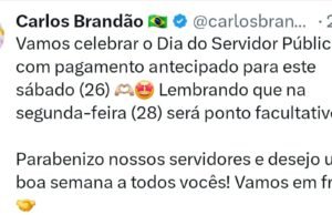 Brandão anuncia pagamento antecipado de servidores e feriado prolongado