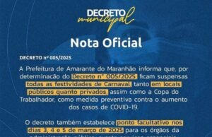 Por conta da Covid, prefeito suspende Carnaval em Amarante do Maranhão