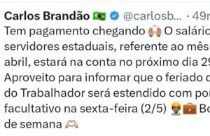 Brandão antecipa salário de servidores e anuncia ponto facultativo no dia 2