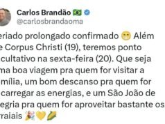 Brandão confirma feriado prolongado na próxima semana