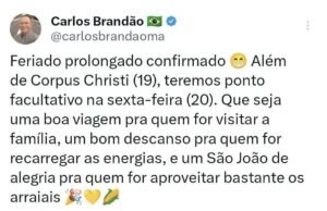 Brandão confirma feriado prolongado na próxima semana